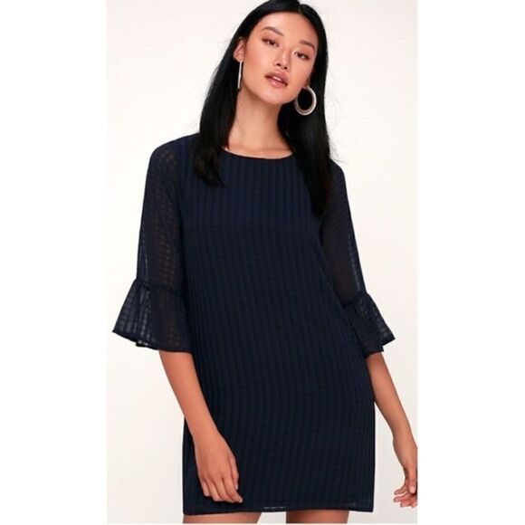 Lulu’s Better Than Ever Navy Blue Flounce Sleeve Shift Mini Dress - Picture 1 of 9